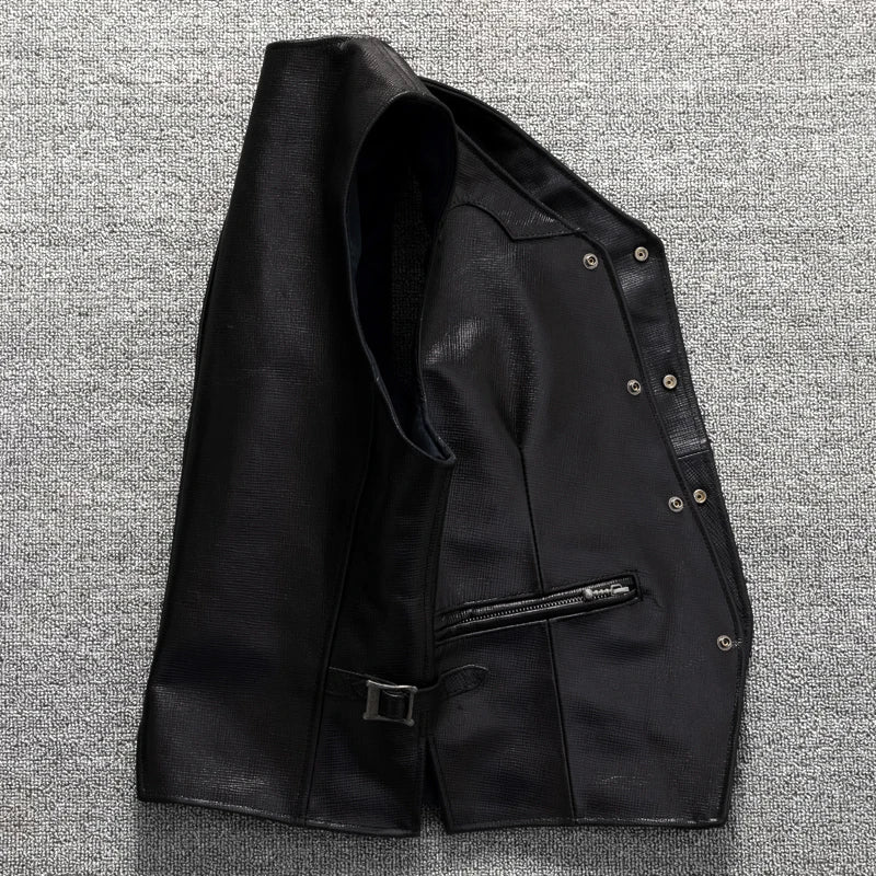 Black Spring Leather Vest Men Casual Style Plus Size 5XL Genuine Natural Sheepskin Single Breasted Short Sleeveless Coat