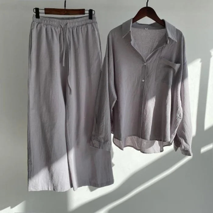 Retro Large Size Cotton Linen Shirt Set High Waist Loose Pants Two Piece Set Women's Clothing Casual Fashion Summer Season