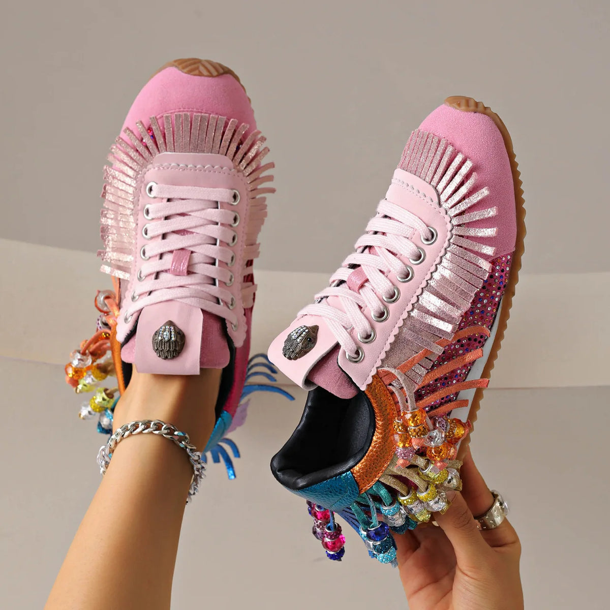 Colorful Tassel Water Diamond Casual Flat Bottom Sport Board Shoes Large Size 2026 New Style Retro Knot Design round Toe