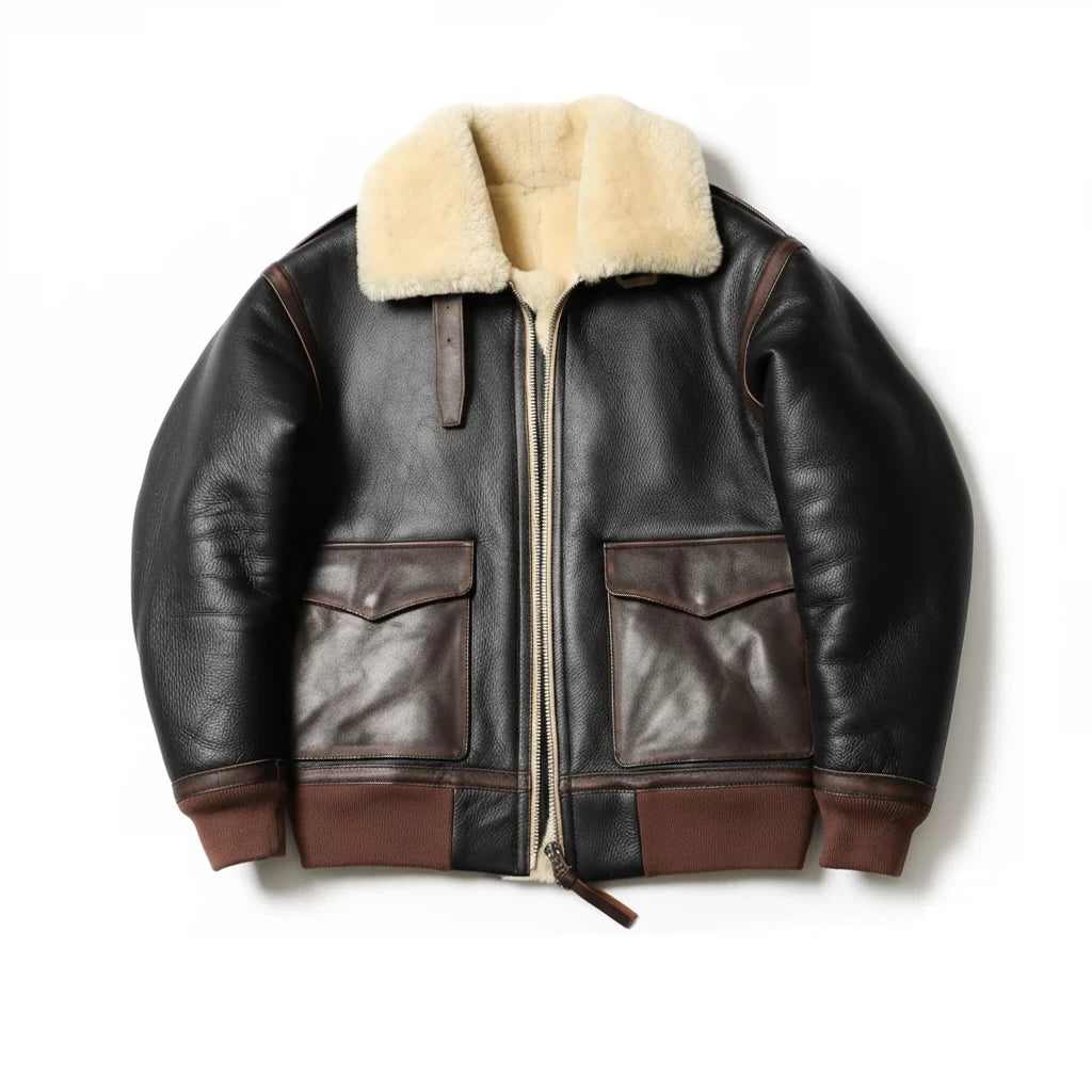 Black Winter Shearling Jacket Men Military Style Plus Size 4XL Genuine Natural Thick Sheepskin Turn-Down Collar A2 Flight Coat