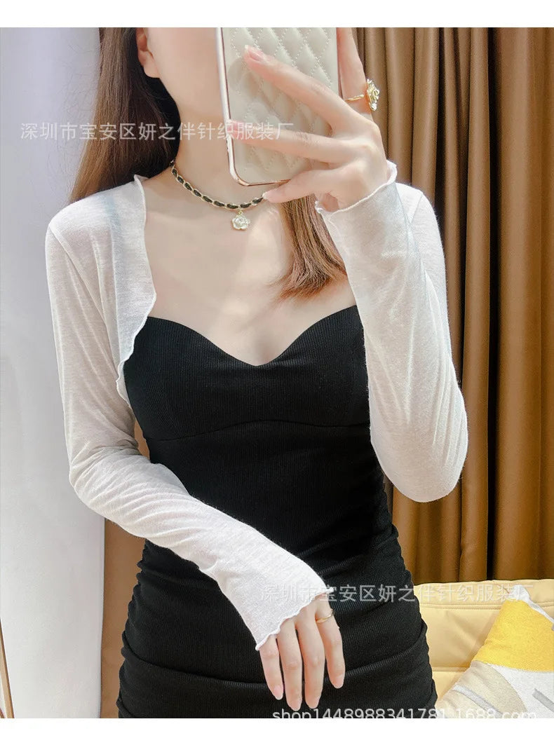 Women's Short Sleeveless Tank Top Outerwear Silk Shawl Cardigan Summer Fashion Ice Silk Cover up French Style Small Cannon