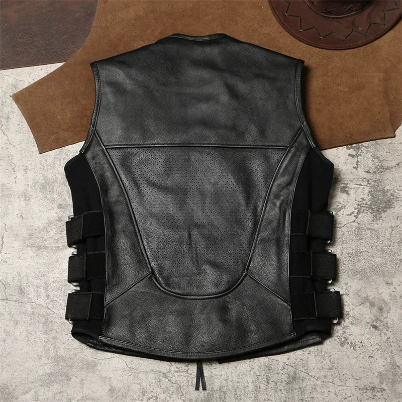 Men's Black Leather Motorcycle Vest Genuine Cowhide Biker Sleeveless Jacket Zip Front Side Lace-Up Multi-Pocket Club Style