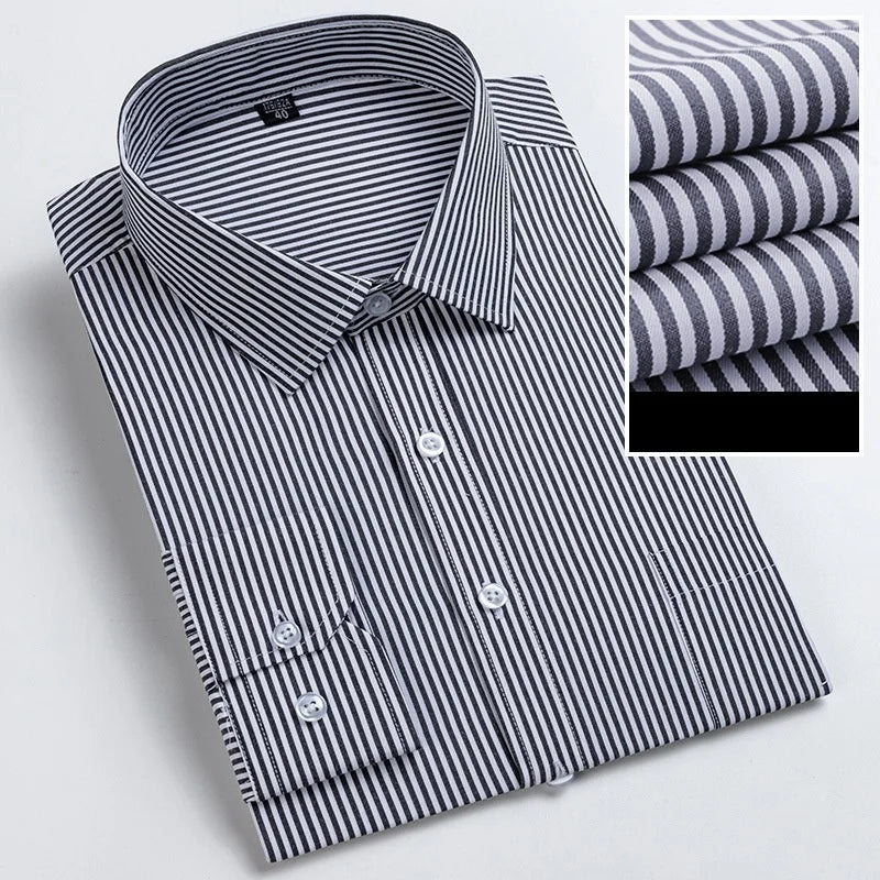 Men Formal Shirt Long Sleeve Office Solid Color Striped Fashion Business Pocket White Social Shirt Men's Clothing 5XL 6XL