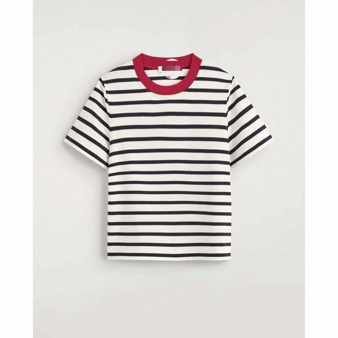 Classic round Neck T-Shirt Standard Fit Red Stripes New Summer 2026 Cotton Comfortable Loose Style Commute Fashion