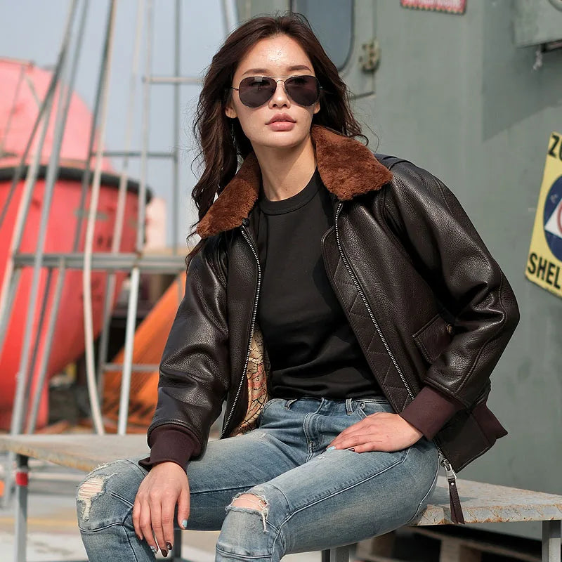 Dark Brown G1 Pilot Leather Jacket Women Military Style Plus Size 3XL Genuine Natural Cowhide Wool Collar Flight Leather Coat