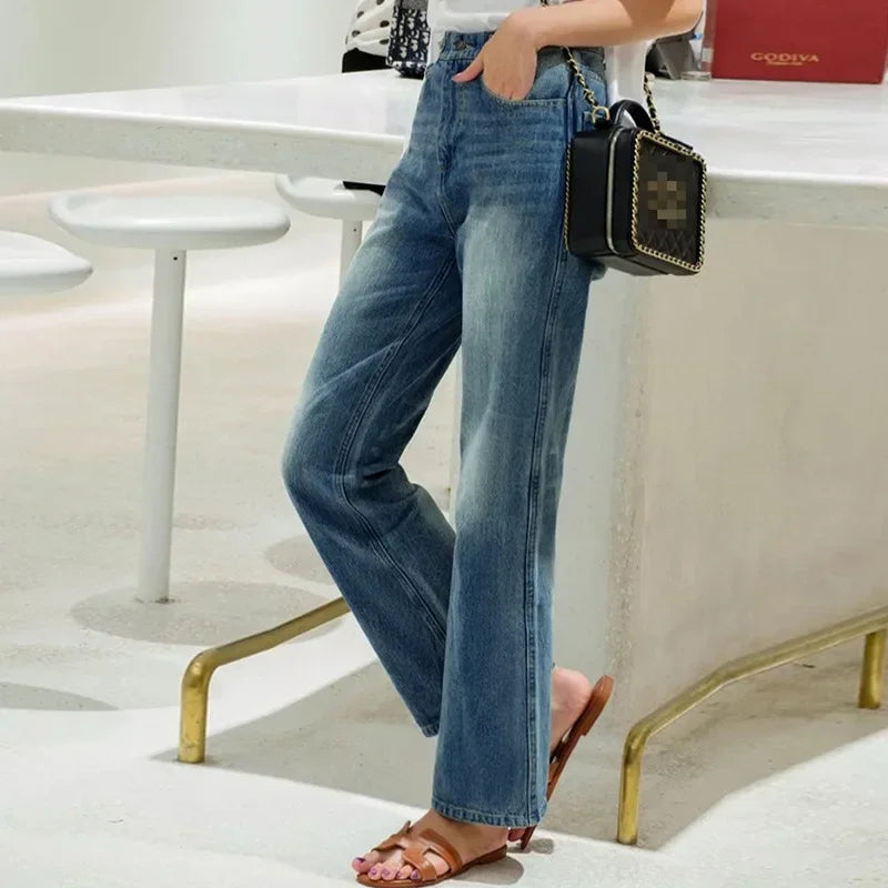 Elegant High-Waisted Slimming Jeans Trendy European And American Style Yellow Flower Cotton Chain Washing Denim Pants