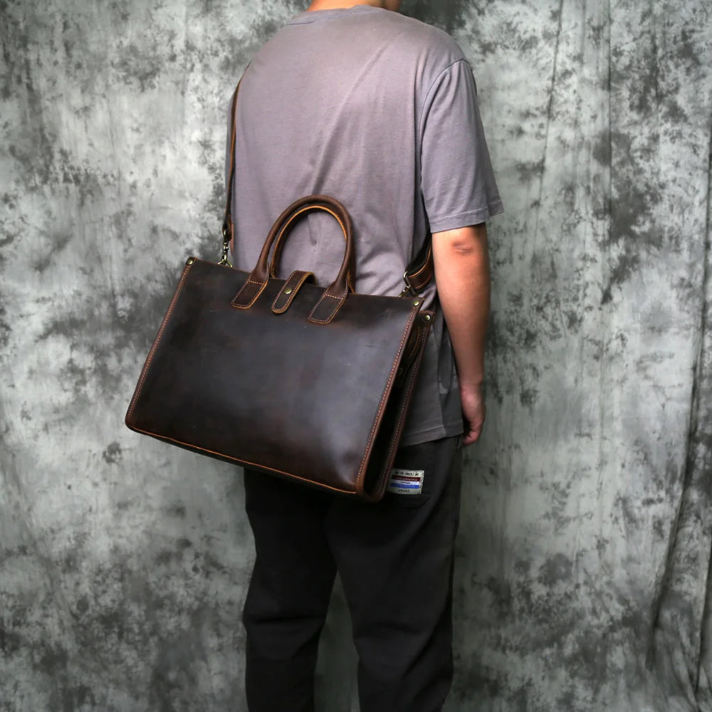 NZPJ Vintage Genuine Leather Men's Briefcase Natural Cowhide Handbag Crazy Horse Leather Computer Bag Casual Crossbody