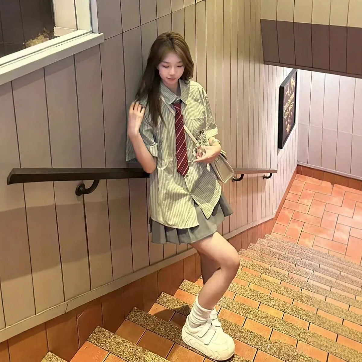 Loose Women's Green Striped Short Sleeve Shirt Korean College Style Summer 2025 Casual Sweet JK Top Polyester Cotton Blend