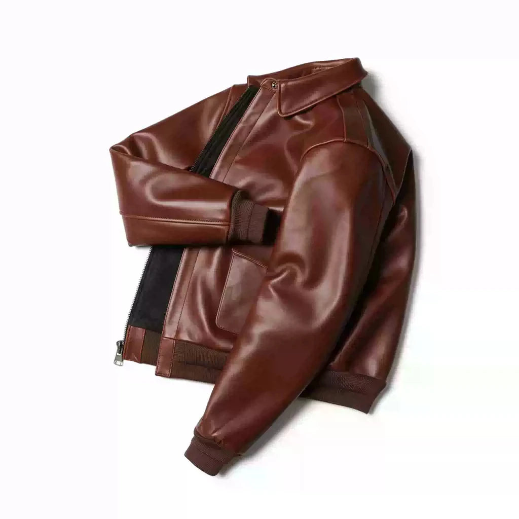 Brown Winter Leather Jacket Men Military Style Plus Size 5XL Genuine Natural Cowhide Turn-Down Collar Retro A2 Flight Coat
