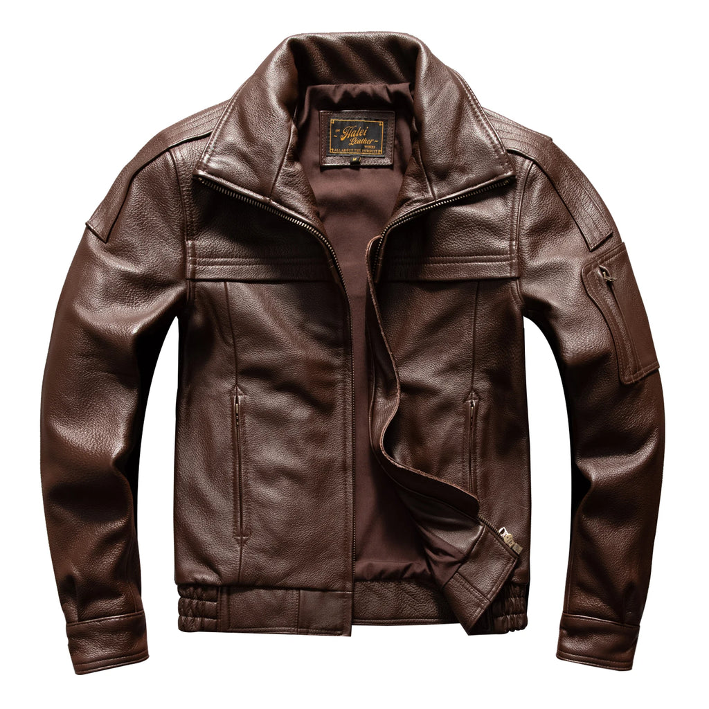 Men's Brown Leather Jacket  Vintage Flight Jacket with Stand Collar, Military Style, Front Zipper, Sleeve Pocket, Ribbed Hem