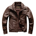 Men's Brown Leather Jacket  Vintage Flight Jacket with Stand Collar, Military Style, Front Zipper, Sleeve Pocket, Ribbed Hem