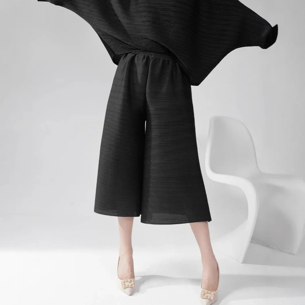 plus Size Women's Wide Leg Pants Draped Thin Folded Summer Casual Seven-Five-Length Loose Fit Trousers by None(Ae Stock)