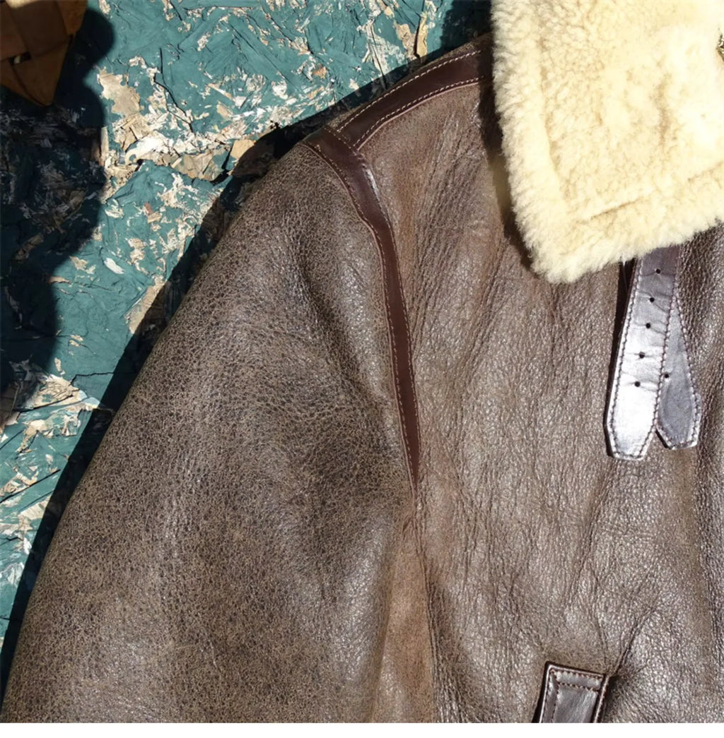Dark Brown Winter Shearling Jacket Men Retro Style Plus Size 5XL Genuine Natural Thick Sheepskin B6 Bomber Flight Coat
