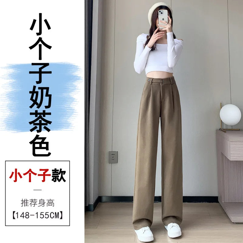 Thickened Fleece Lined Winter Wide Leg Pants High Waist Floor Length Straight Cut Casual Trousers for Women Woolen Suiting