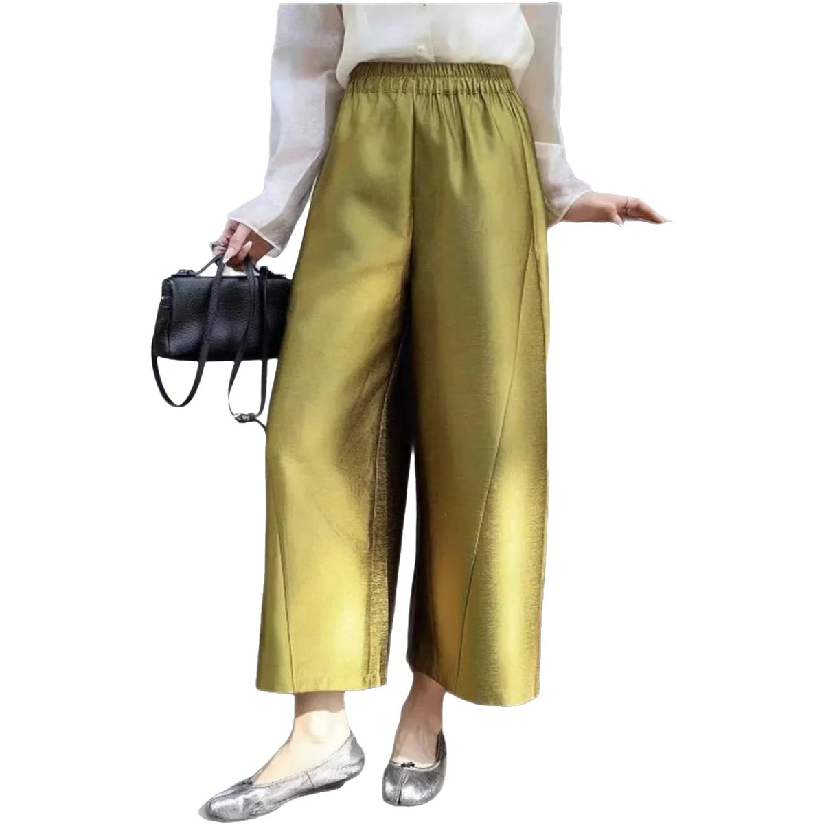 New Chinese Style Nine-Piece Silk-Light Casual Pants Women's Loose Fit Trousers in Peach Blossom White Elegant And Retro