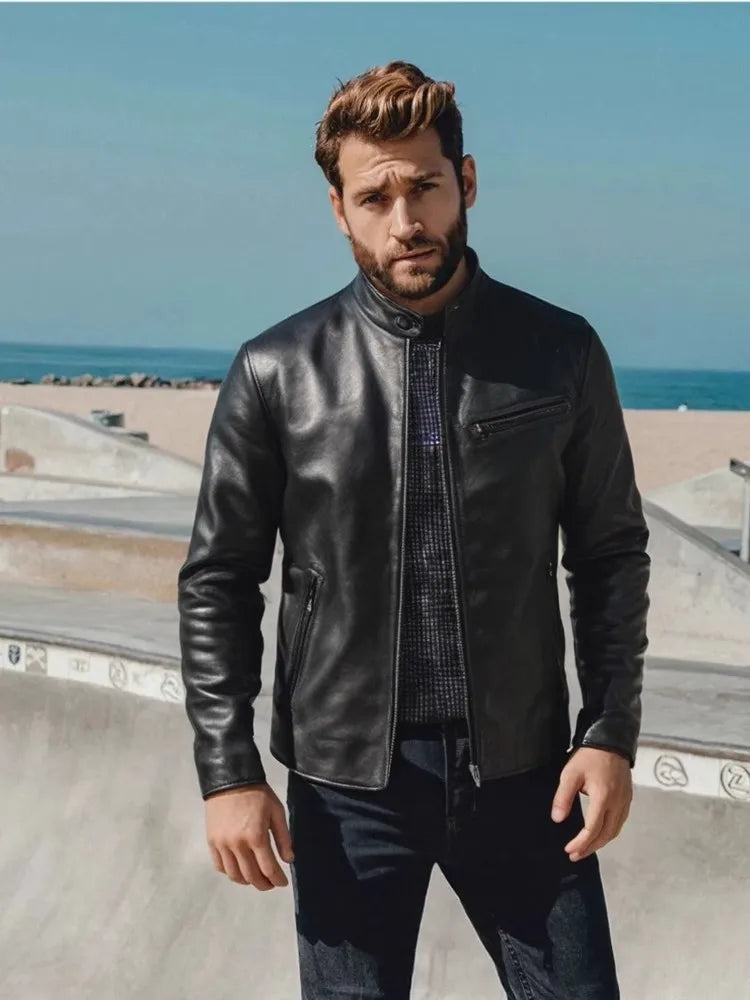 Black Winter Leather Jacket Men Sports Style Plus Size 4XL Genuine Natural Thick Cowhide Stand Collar Slim Fit Leather Coat