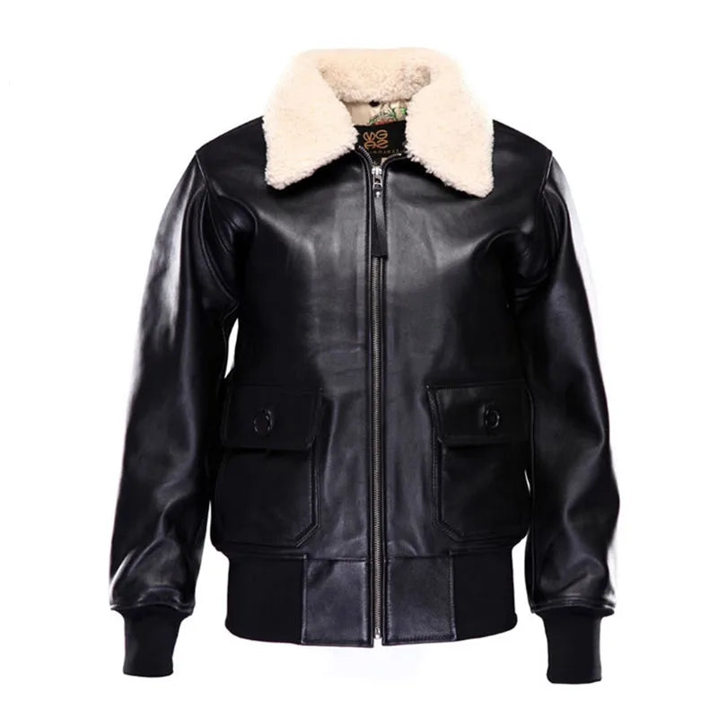 Black Winter Leather Jacket Women Military Style Plus Size 3XL Genuine Natural Thick Sheepskin Wool Collar Warm G1 Flgiht Coat