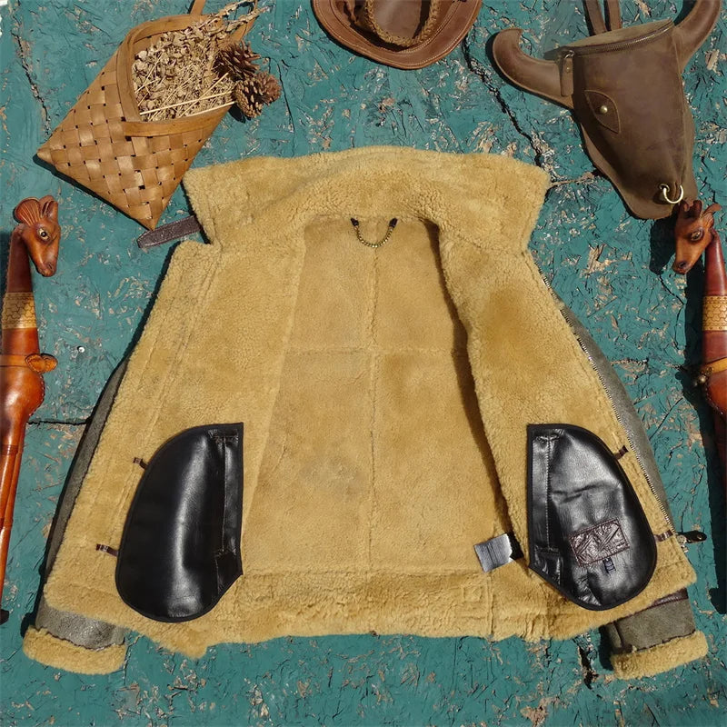 Dark Green Winter Shearling Jacket Men Retro Style Plus Size 5XL Genuine Natural Thick Sheepskin Turn-Down Collar B3 Flight Coat