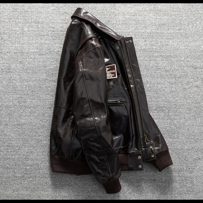 Men's Genuine Leather Military Flight Jacket | Real Leather Embroidered Patches G-1 Bomber Pilot High-Gloss Oil-Wax Brown