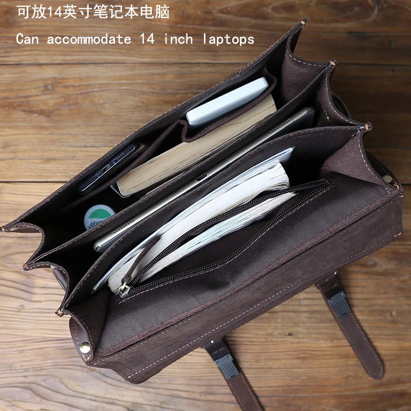 NZPJ Vintage Genuine Leather Men's Shoulder Bag Top Layer Cowhide Crossbody Bag Crazy Horse Leather Handheld Briefcase Laptops