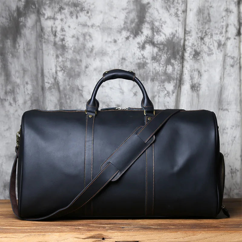 NZPJ Retro Crazy Horse Leather Men's Large-Capacity Travel Bag Leather Luggage Bag Top Layer Cowhide Handbag Shoulder Bag