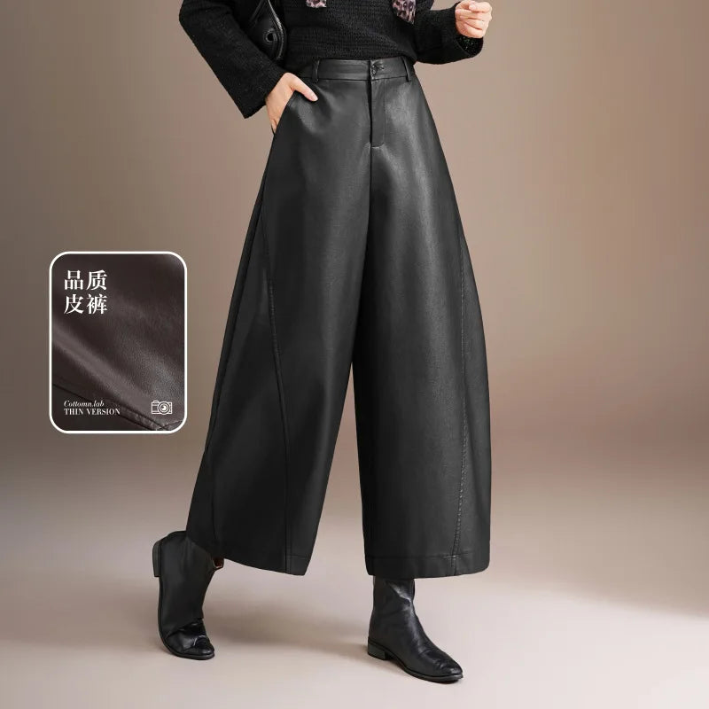 Fashionable High Waist Sheepskin Leather Pants Women's 2026 New Style Nine Points Knife Edge Pants Versatile Ladies Design