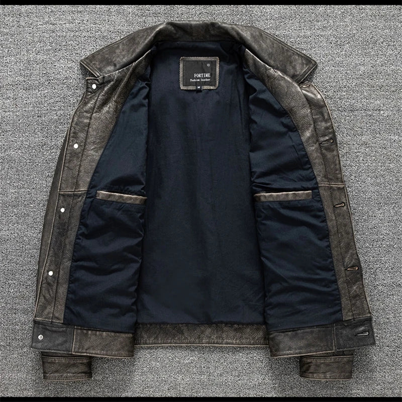 Black Spring Leather Jacket Men Vintage Style Plus Size 5XL Genuine Natural Cowhide Turn-Down Collar Single Breasted Coat