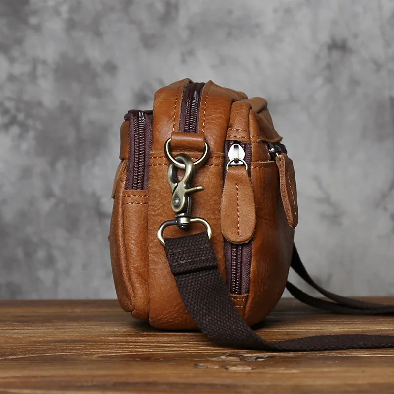 NZPJ Retro Genuine Leather Men's Shoulder Bag Casual Top Layer Cowhide Crossbody Bag Large Capacity  Men's Waist Bag