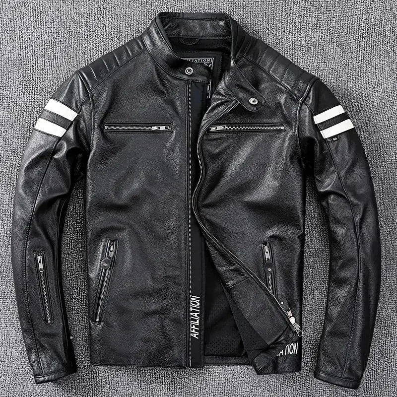 Blue Spring Leather Jacket Men Sports Style Plus Size 3XL Genuine Natural Cowhide Stand Collar Slim Fit Leather Coat