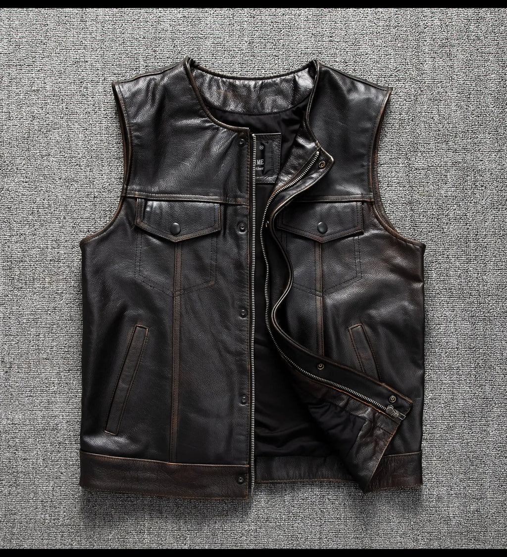 Red Brown Spring Leather Vest Men Retro Style Plus Size 6XL Genuine Natural Cowhide O-Neck Collar Slim Fit Short Sleeveless Coat