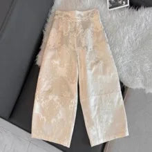 New Chinese Style Nine-Piece Silk-Light Casual Pants Women's Loose Fit Trousers in Peach Blossom White Elegant And Retro