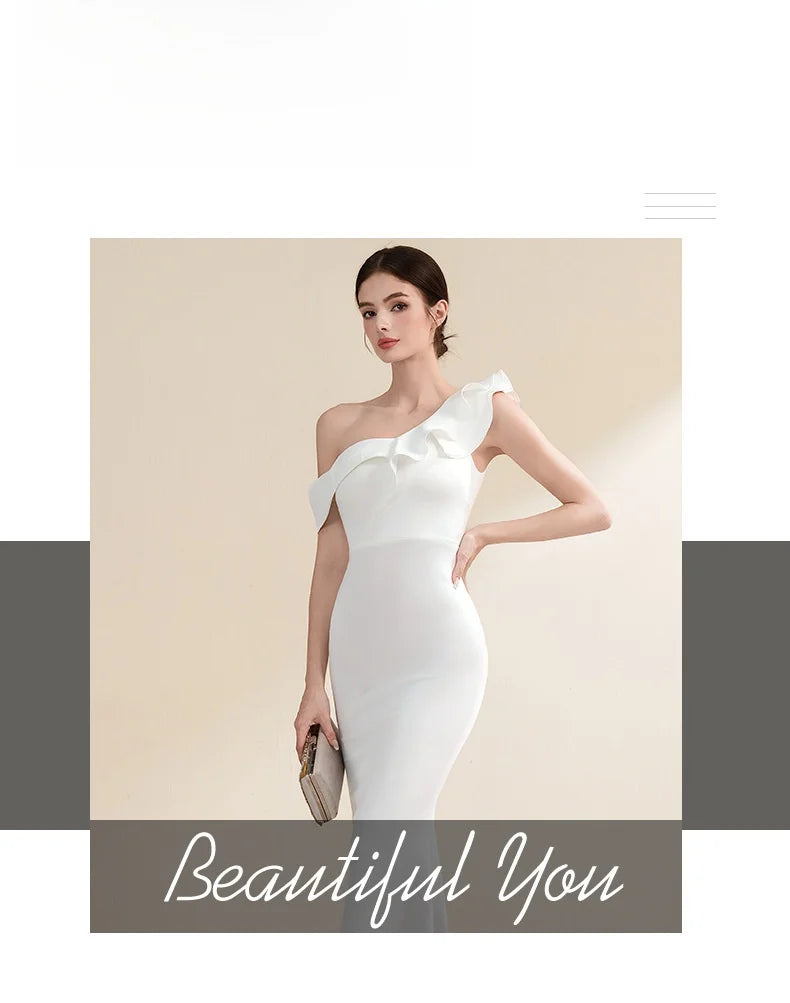 Elegant Evening Gown Slimming Fish Tail Dress Fashionable Shoulder Bared Polyester Long Sleeve High Waist Party Dress