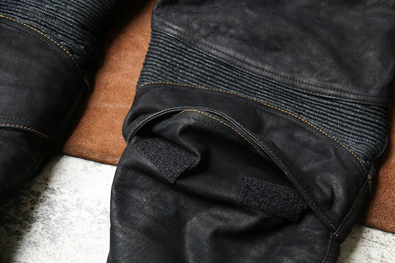 Black Spring Leather Trousers Men Retro Style Plus Size 4XL Genuine Natural Sheepskin Add Protection Device Motorcycle Pants