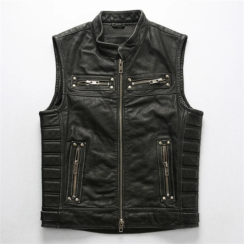 Red Brown Spring Leather Vest Men Retro Style Plus Size 4XL Genuine Natural Cowhide Stand Collar Motorcycle Sports Rivets Vest