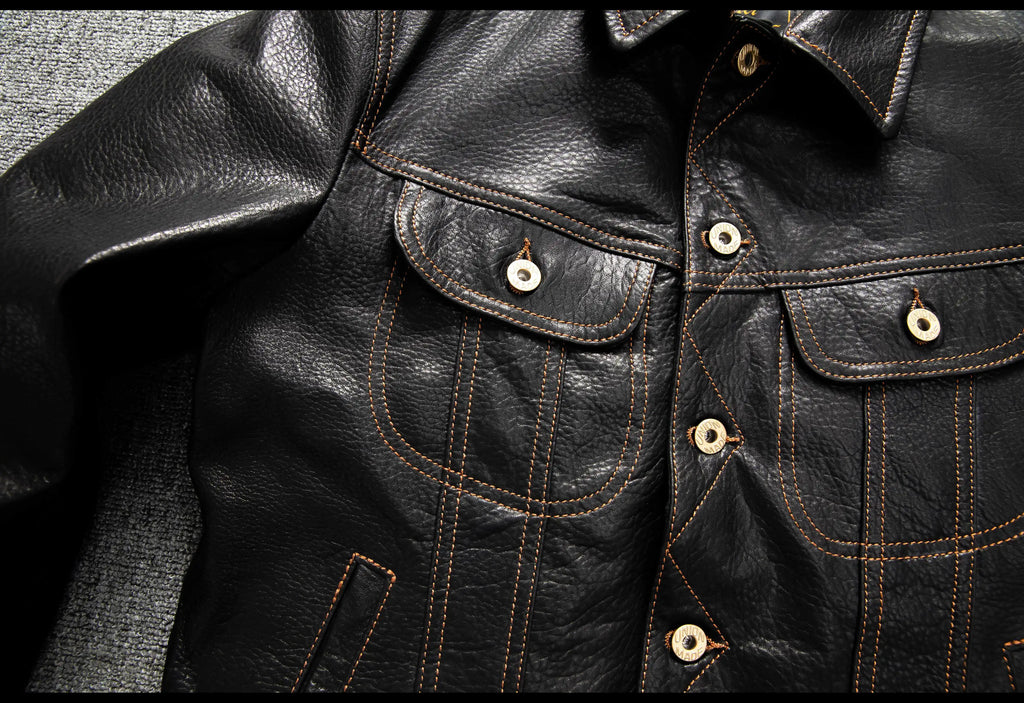 Men's Genuine Sheepskin Leather Trucker Jacket Black Type III Denim Cut Cream Contrast Stitch Brass Snap Short Casual Coat
