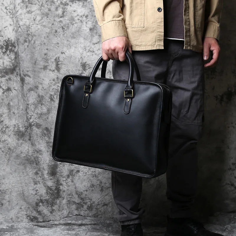 NZPJ Men's Briefcase Leather Handbag Retro Top Layer Cowhide Laptop Bag Crazy Horse Leather Shoulder Messenger Bag Luxury Bag