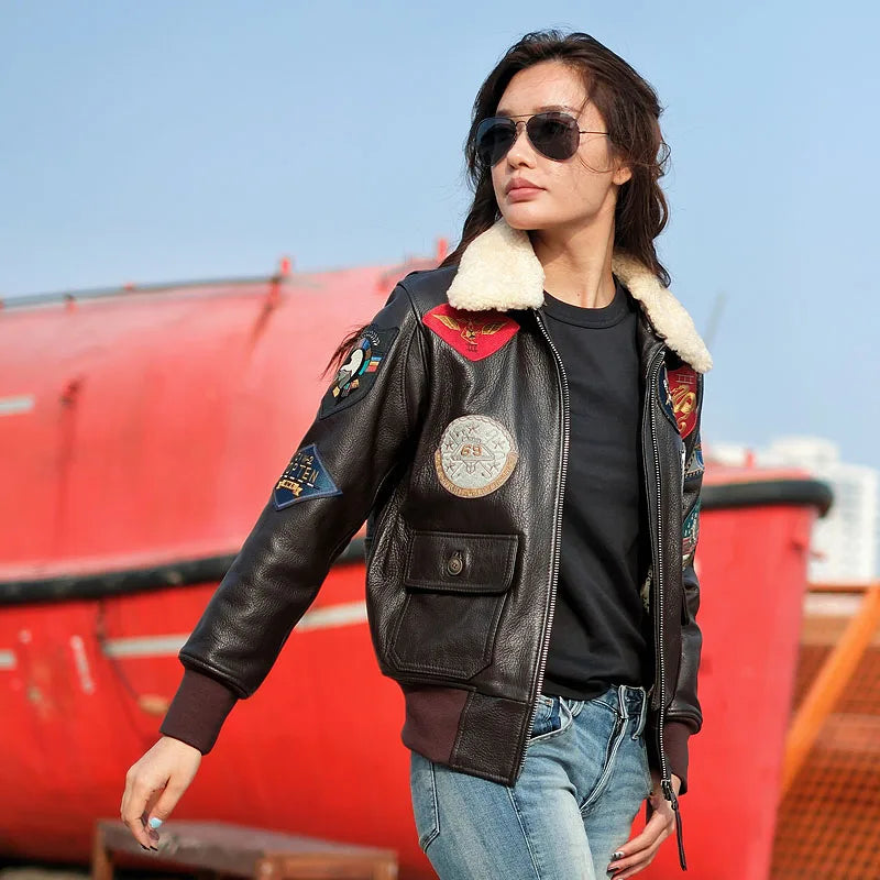 Black Autumn Leather Jacket Women Retro Style Plus Size 3XL Genuine Natural Cowhide Turn-Down Collar Military G1 Flight Coat