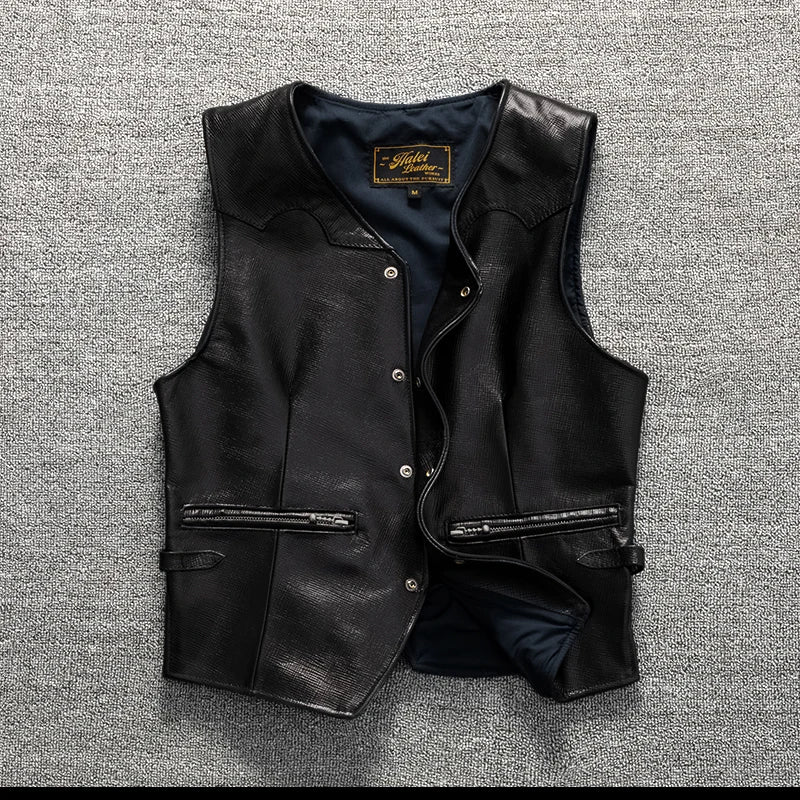 Black Spring Leather Vest Men Casual Style Plus Size 5XL Genuine Natural Sheepskin Single Breasted Short Sleeveless Coat