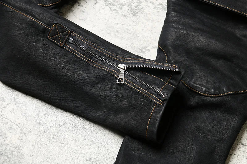 Black Spring Leather Trousers Men Retro Style Plus Size 4XL Genuine Natural Sheepskin Add Protection Device Motorcycle Pants