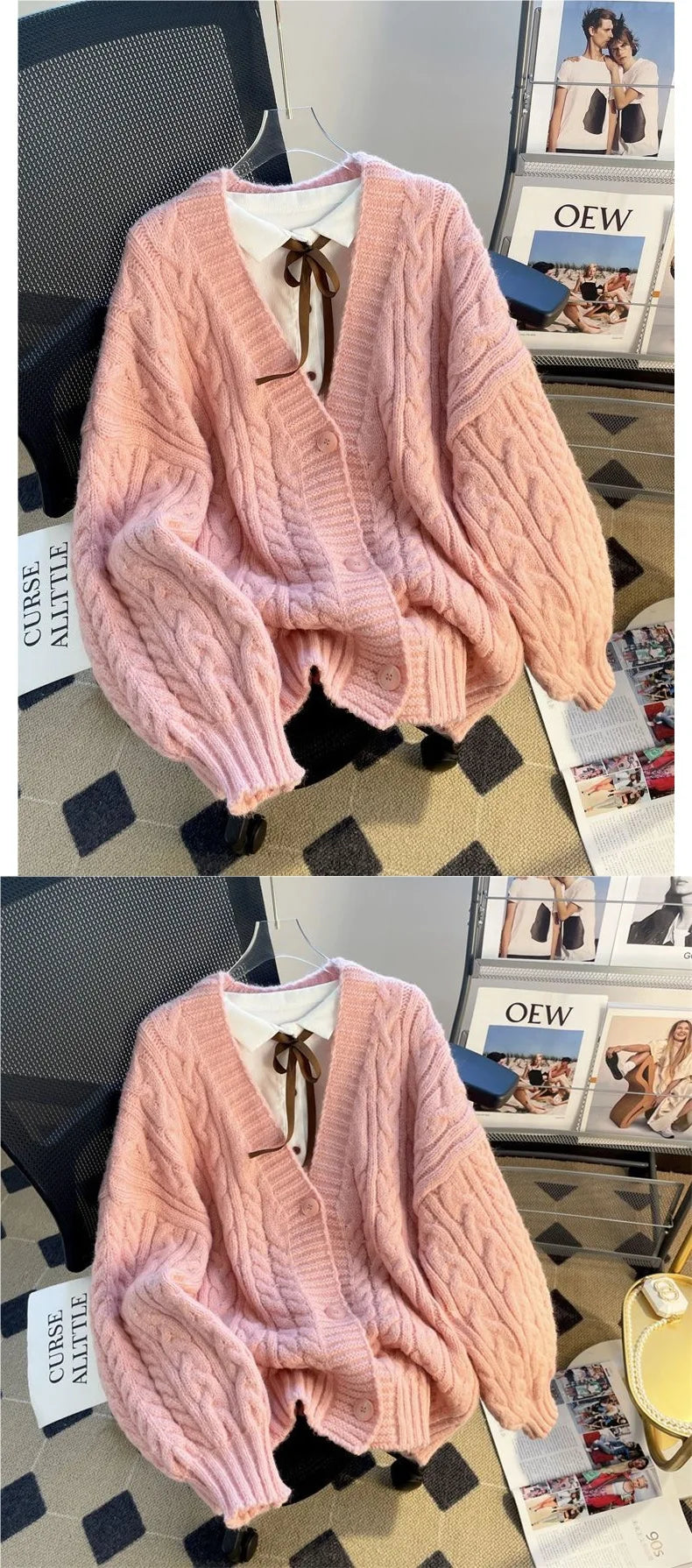 Women's Thickened Lazy Design Knitted Cardigan Sweater Outerwear Loose Princess Sleeve V-Neck Long Sleeve Autumn Winter Coat