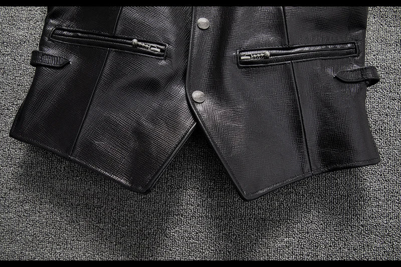 Black Spring Leather Vest Men Casual Style Plus Size 5XL Genuine Natural Sheepskin Single Breasted Short Sleeveless Coat