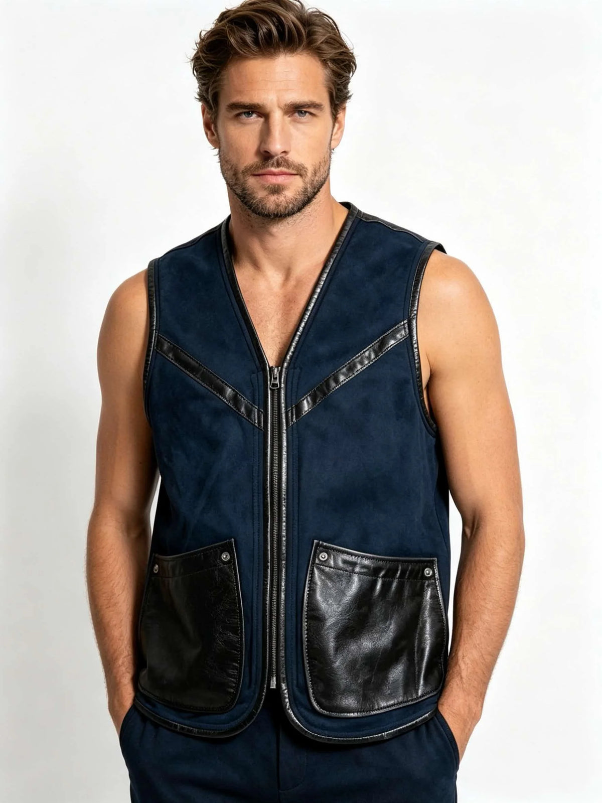 Blue Autumn Leather Vest Men Retro Style Plus Size 5XL Real Natural Sheepskin O-Neck Collar Slim Fit Shearling Sleeveless Coat