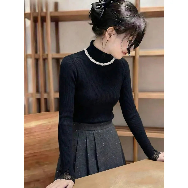 French Elegant Lace Splice Diamond Collar Knitted Sweater Women's Autumn Winter Slim Fit Base Shirt Long Sleeve Knitwear