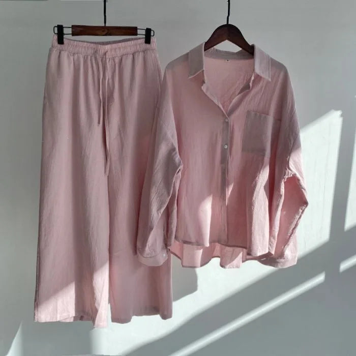 Retro Large Size Cotton Linen Shirt Set High Waist Loose Pants Two Piece Set Women's Clothing Casual Fashion Summer Season