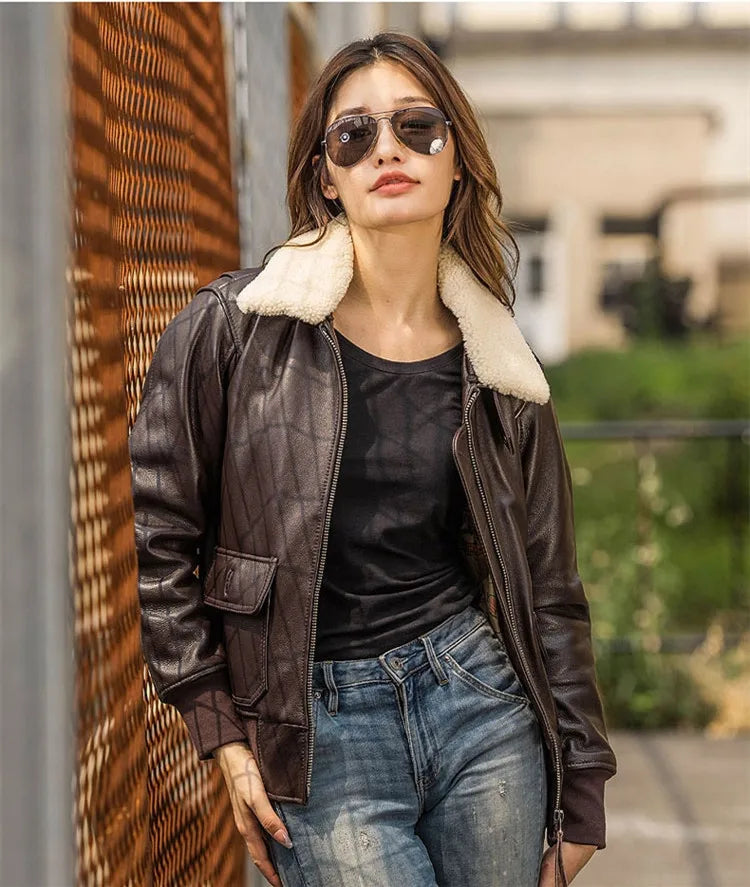 Dark Brown Autumn Leather Jacket Women Retro Style Plus Size 3XL Genuine Natural Cowhide Wool Collar Military G1 Flight Coat