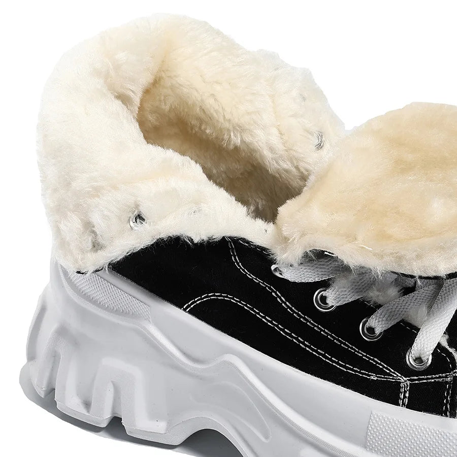 Winter Warm Thick Bottom High Top Canvas Boots Women's Shoes Large Size Black Lace-Up Short Boots Heightening Modern Dance