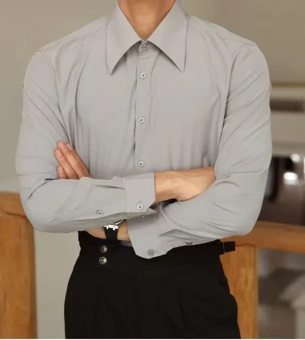 Men's Long Sleeve Business Shirt Fall Fashion French Style Big Collar Slim Fit Empire Collar Iron Free Breathable Machine Was...