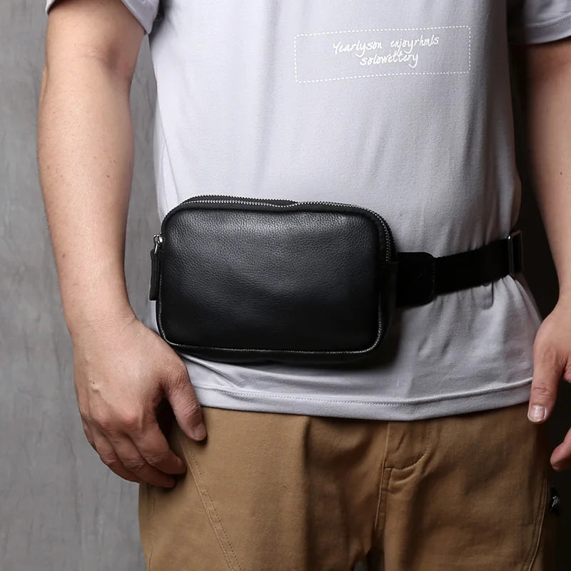 NZPJ Genuine Leather Men's Chest Bag, Natural Cowhide Crossbody Bag, Casual Shoulder Bag, Sports Multifunctional Phone Waist Bag