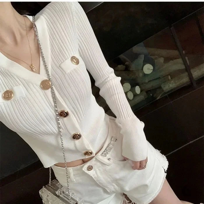 Fashionable Early Autumn Open Cardigan Slim Fit Waist Highlight Pure Color Knitted Sweater Short Style for Elegant Women