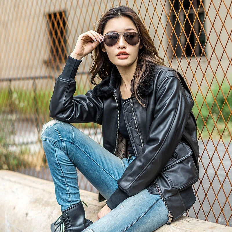 Black Winter Leather Jacket Women Military Style Plus Size 3XL Genuine Natural Thick Sheepskin Wool Collar Warm G1 Flgiht Coat